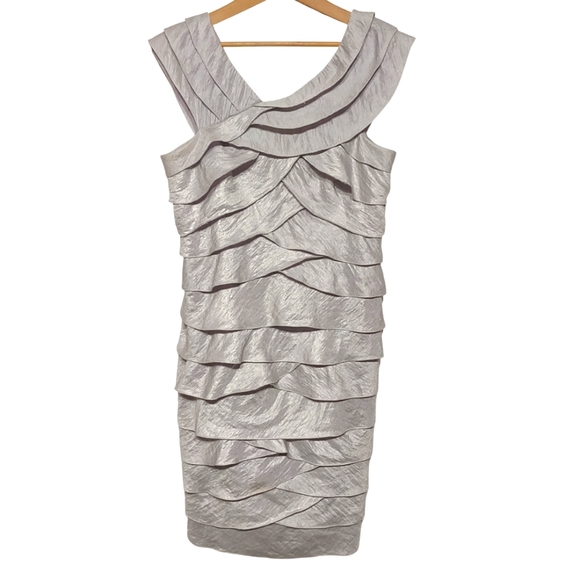 Adrianna Papell Silver Shimmer Ruffle Cocktail Party Dress - Picture 5 of 11
